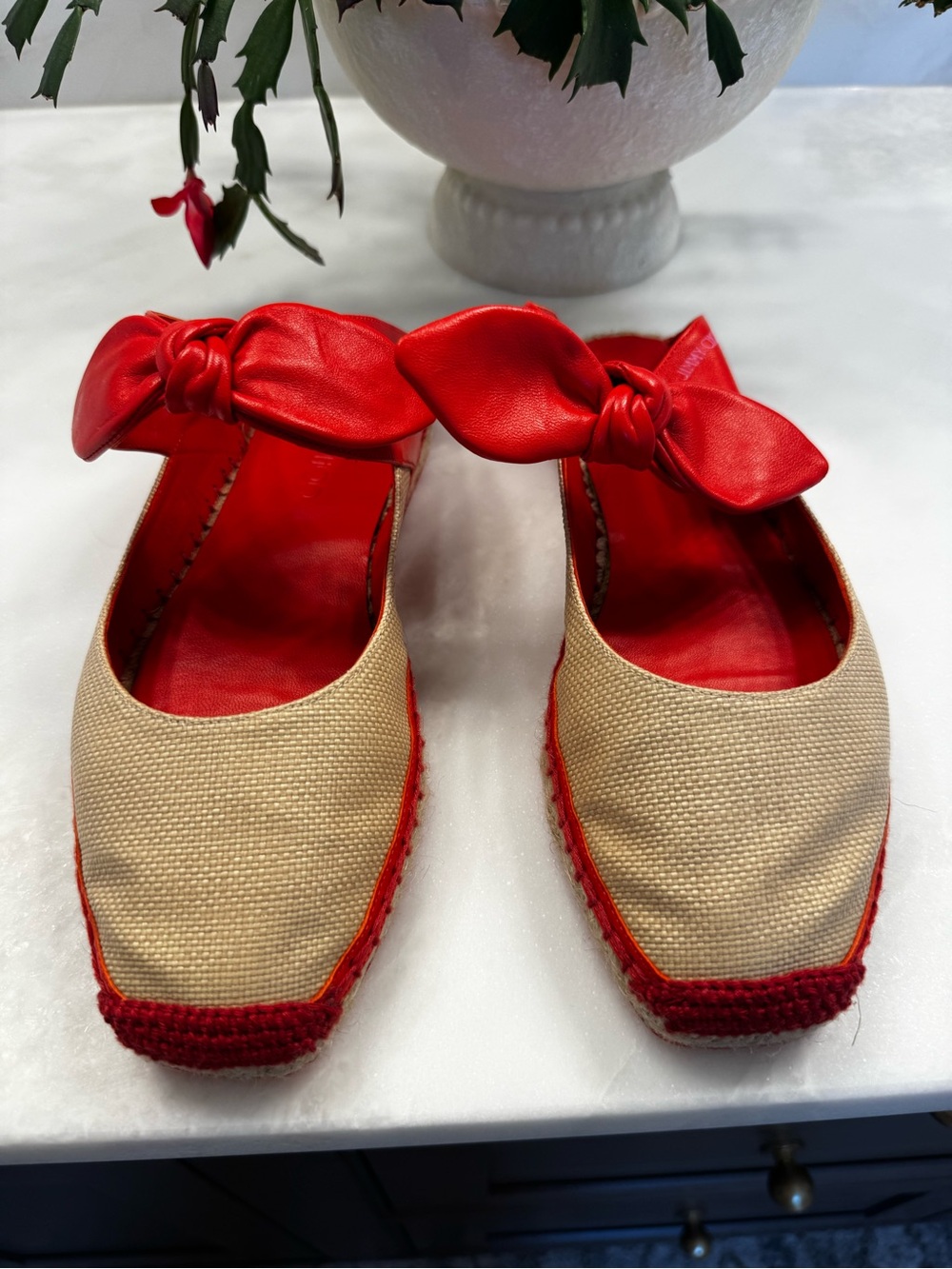 Jimmy Choo Red Bow Espadrille Mules with Natural Upper